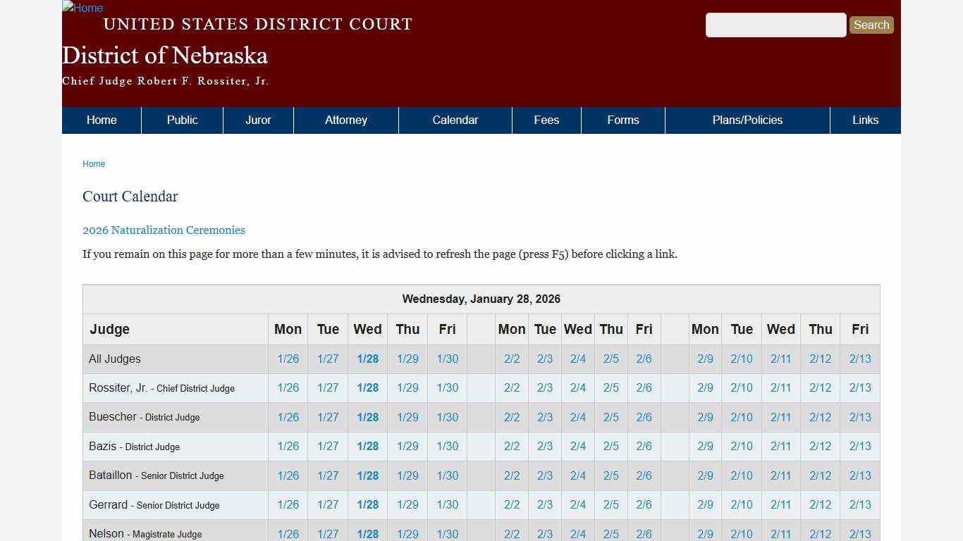 Court Calendar District of Nebraska United States District Court